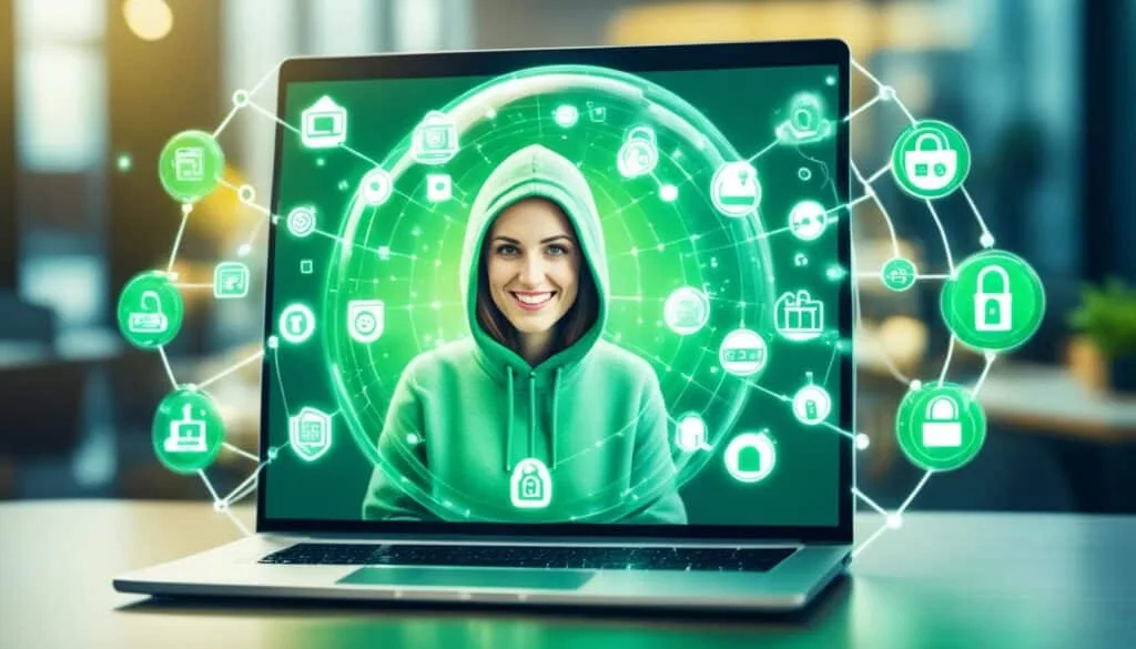 Ilustração de um notebook com figura encapuzada cercada de ícones de segurança