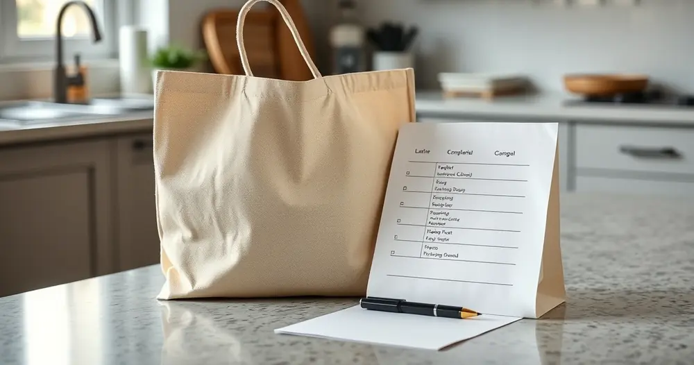 Lista de papel e caneta ao lado de uma sacola na bancada da cozinha