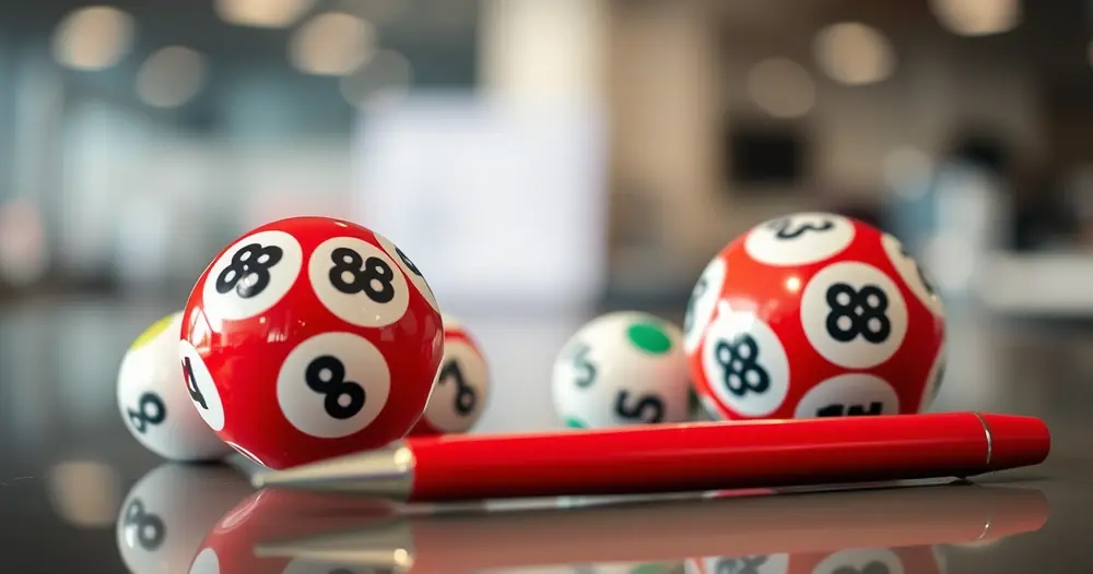 Bolas de sorteio e uma caneta sobre um balcão