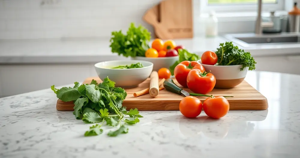 Bancada de cozinha com tábua, tigelas e legumes frescos
