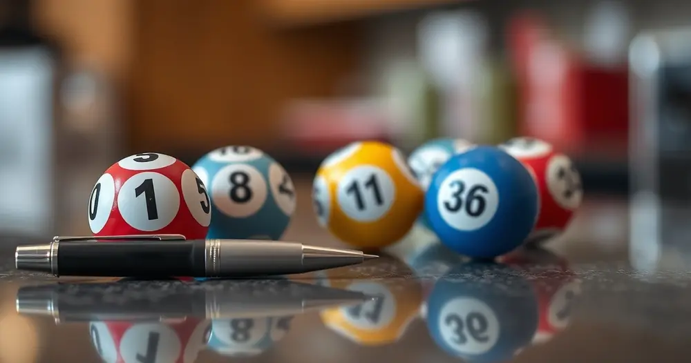 Bolas de sorteio e uma caneta sobre um balcão
