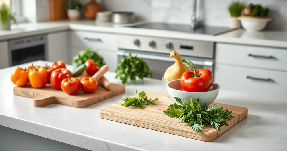 Bancada de cozinha com tábua, tigelas e legumes frescos