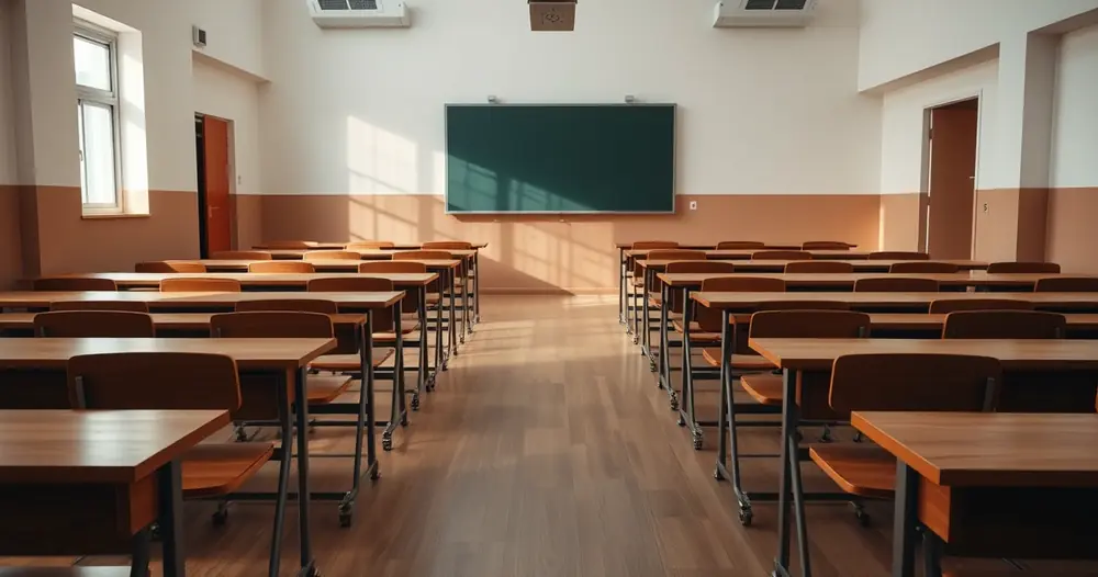 Sala de aula vazia com carteiras de madeira e luz natural