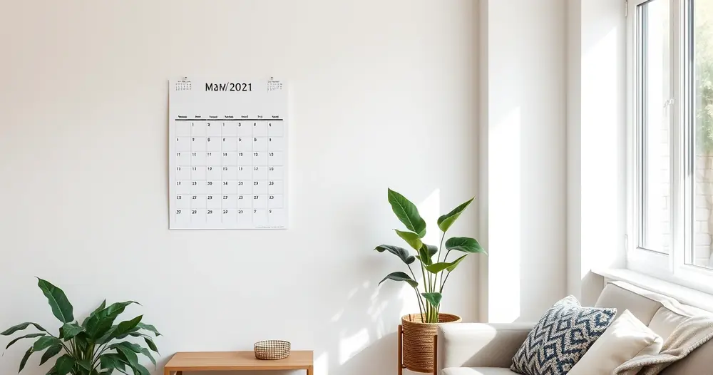 Calendário de parede e um vaso de planta no canto de uma sala