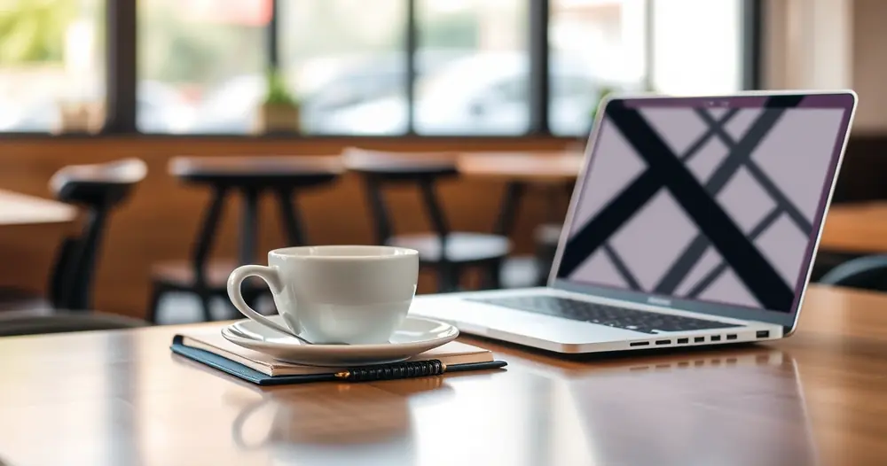 Caderno, café e notebook sobre a mesa de uma cafeteria
