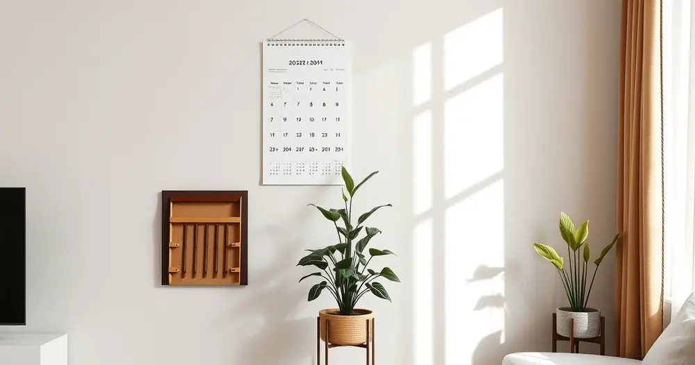 Calendário de parede e um vaso de planta no canto de uma sala