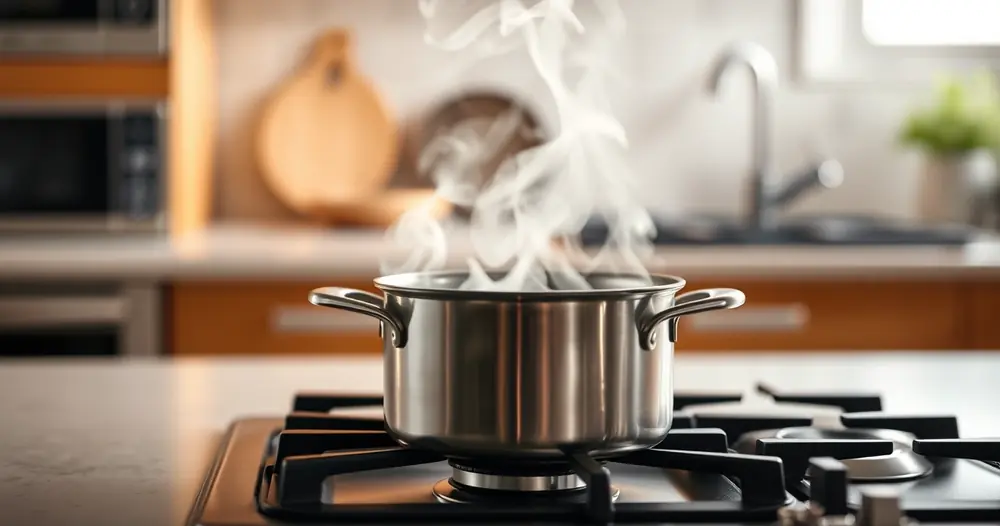 Panela sobre o fogão, com vapor subindo, e a bancada desfocada ao fundo