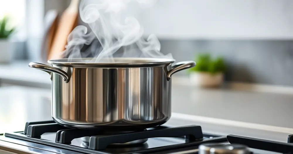 Panela sobre o fogão, com vapor subindo, e a bancada desfocada ao fundo