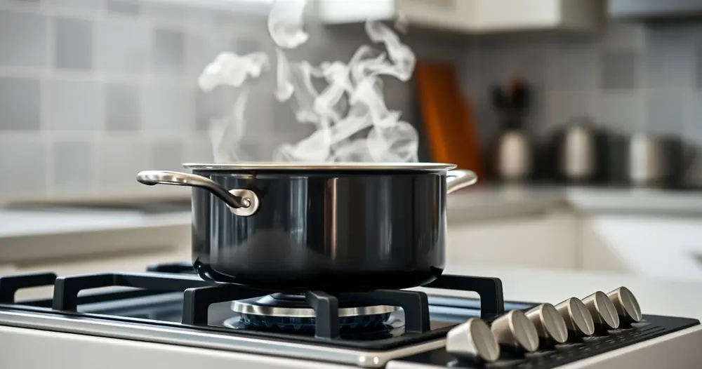 Panela sobre o fogão, com vapor subindo, e a bancada desfocada ao fundo