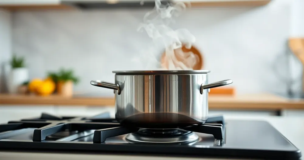 Panela sobre o fogão, com vapor subindo, e a bancada desfocada ao fundo