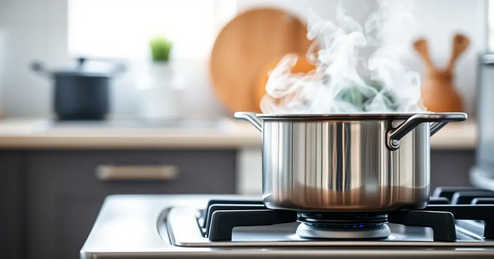 Panela sobre o fogão, com vapor subindo, e a bancada desfocada ao fundo