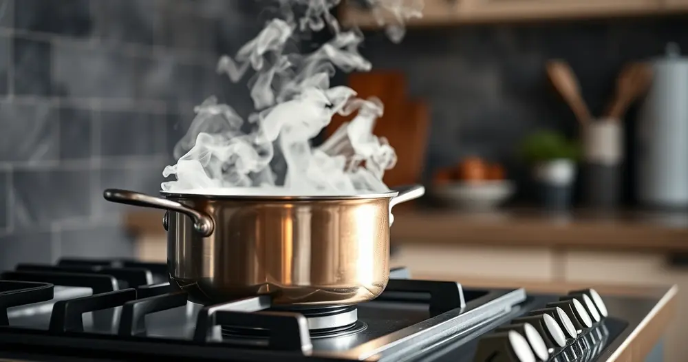 Panela sobre o fogão, com vapor subindo, e a bancada desfocada ao fundo
