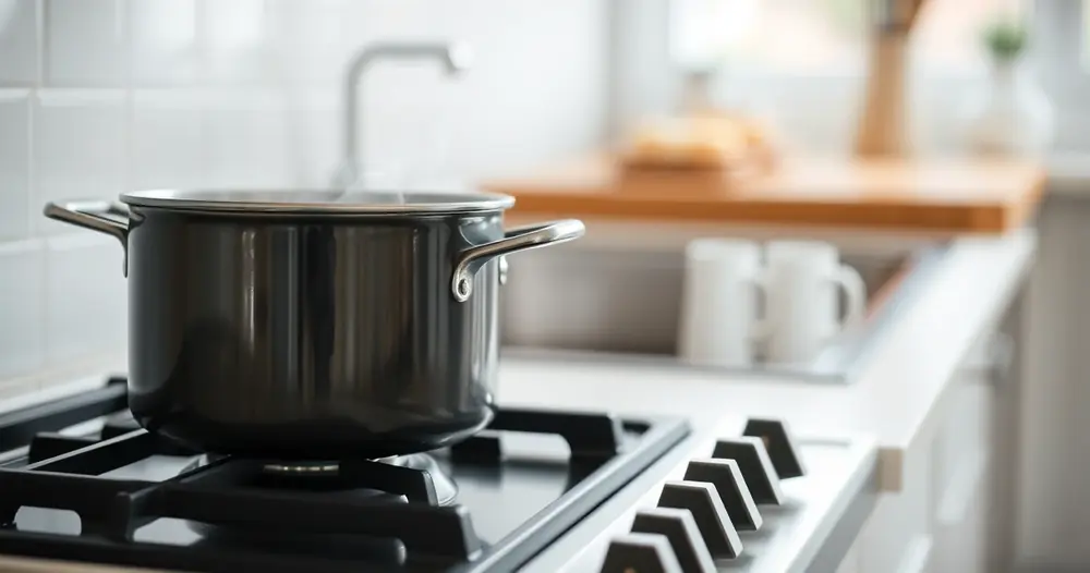 Panela sobre o fogão, com vapor subindo, e a bancada desfocada ao fundo