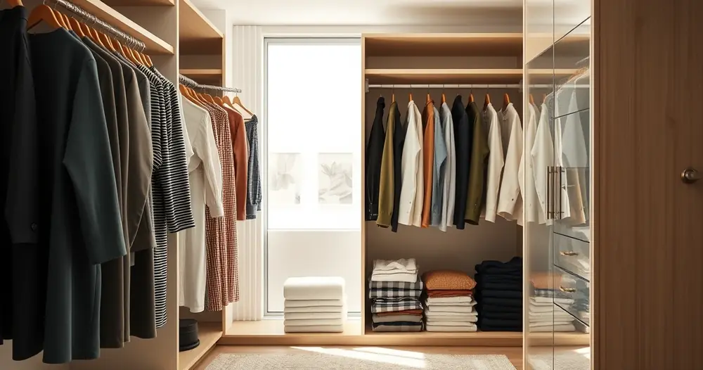 Roupas dobradas com cuidado dentro de um guarda-roupa aberto