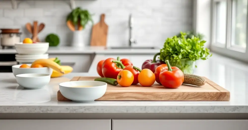 Bancada de cozinha com tábua, tigelas e legumes frescos