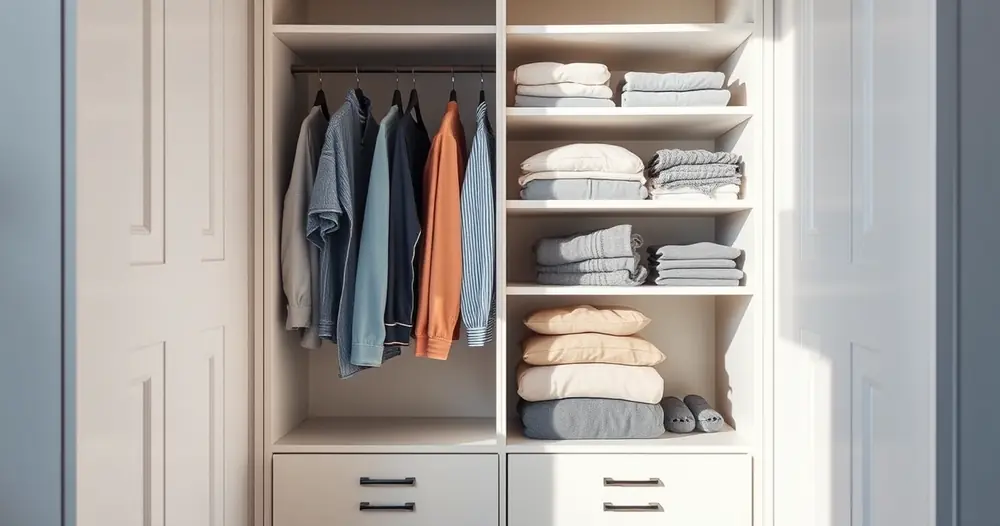 Roupas dobradas com cuidado dentro de um guarda-roupa aberto