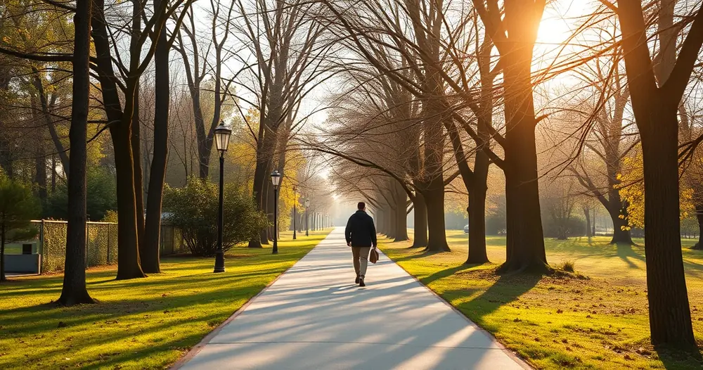 Pessoa caminhando por uma trilha de parque entre árvores