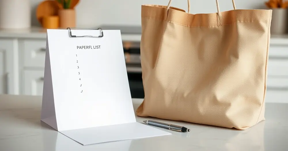 Lista de papel e caneta ao lado de uma sacola na bancada da cozinha