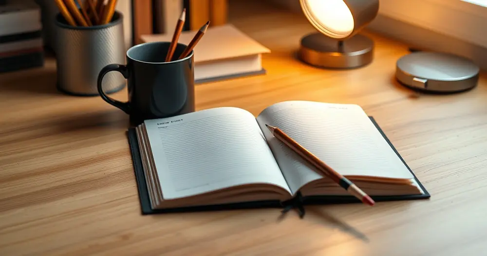 Caderno aberto, lápis e uma caneca sobre a mesa de estudo