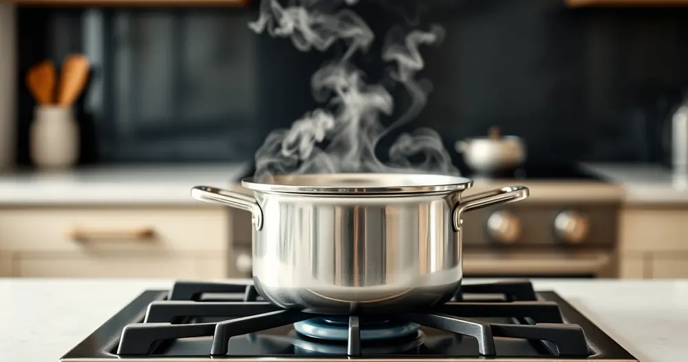 Panela sobre o fogão, com vapor subindo, e a bancada desfocada ao fundo