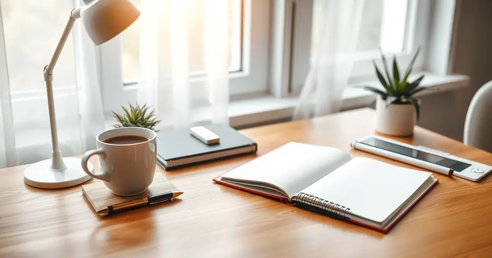Escrivaninha organizada com caderno, caneta e xícara de café