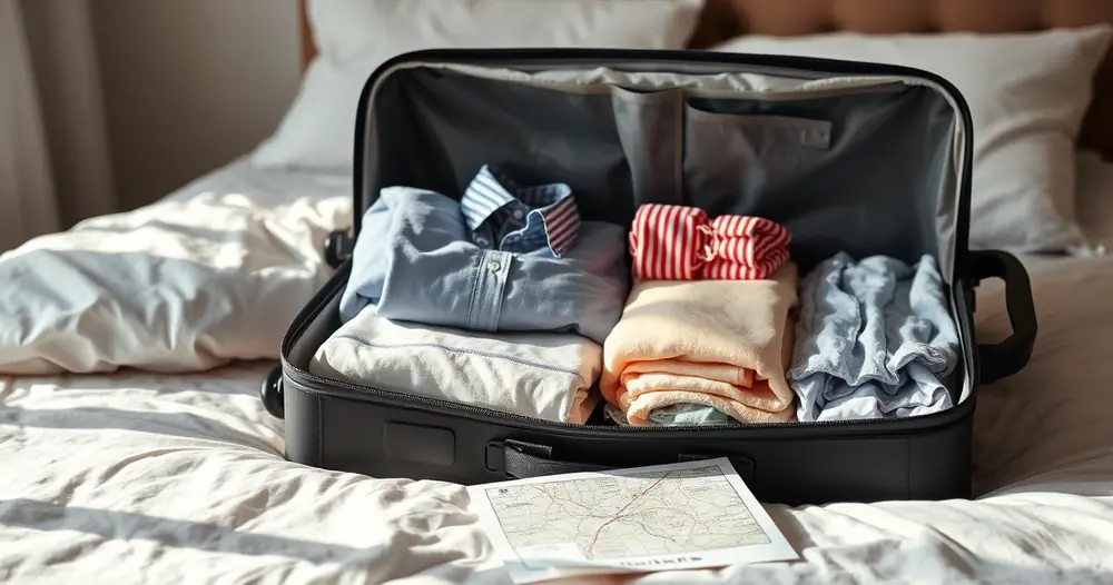 Mala aberta com roupas dobradas e um mapa de papel sobre a cama