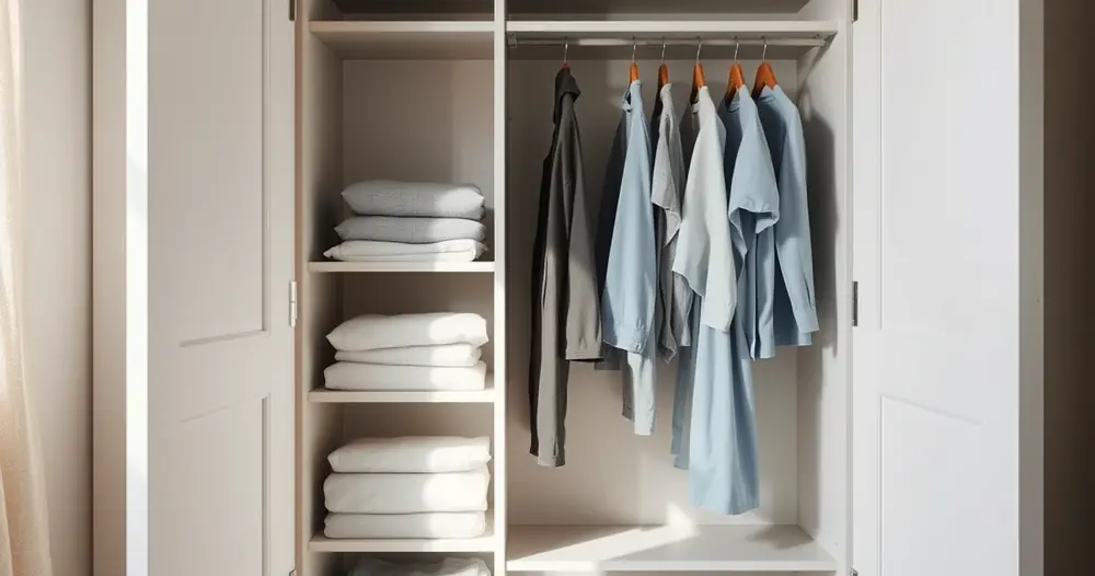 Roupas dobradas com cuidado dentro de um guarda-roupa aberto
