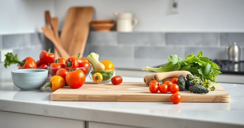 Bancada de cozinha com tábua, tigelas e legumes frescos