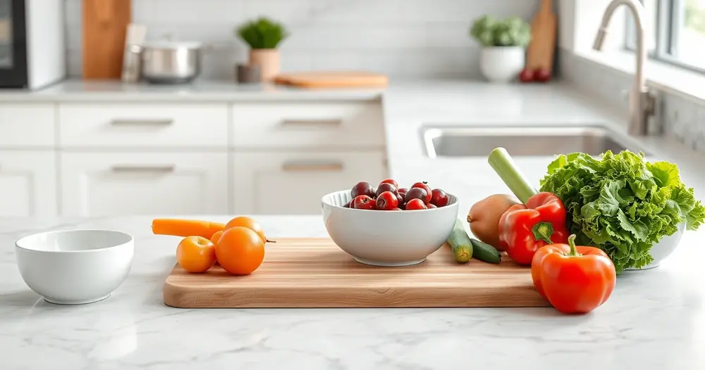 Bancada de cozinha com tábua, tigelas e legumes frescos