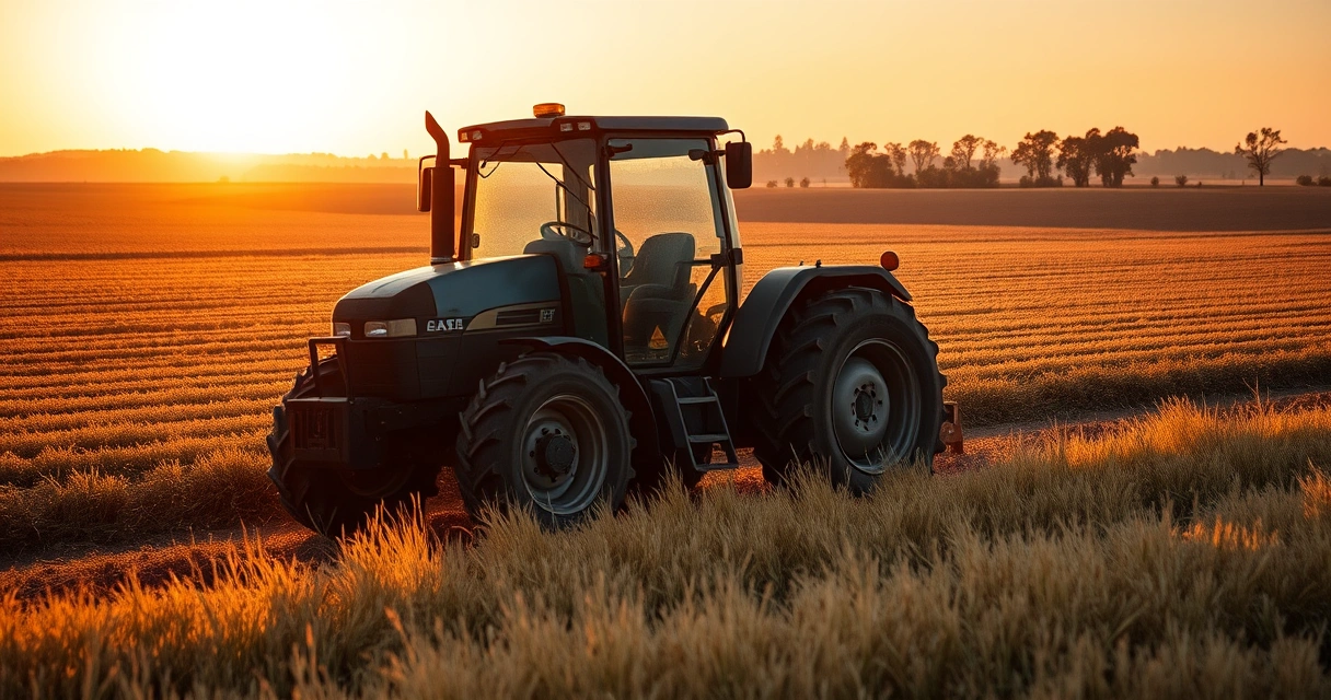 Trator agricola parado na beira de lavoura ao entardecer
