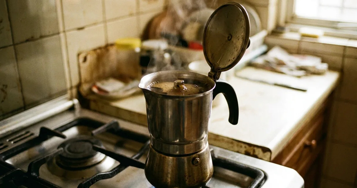 Cafeteira italiana de aço sobre fogão a gás, com a tampa aberta e o café subindo