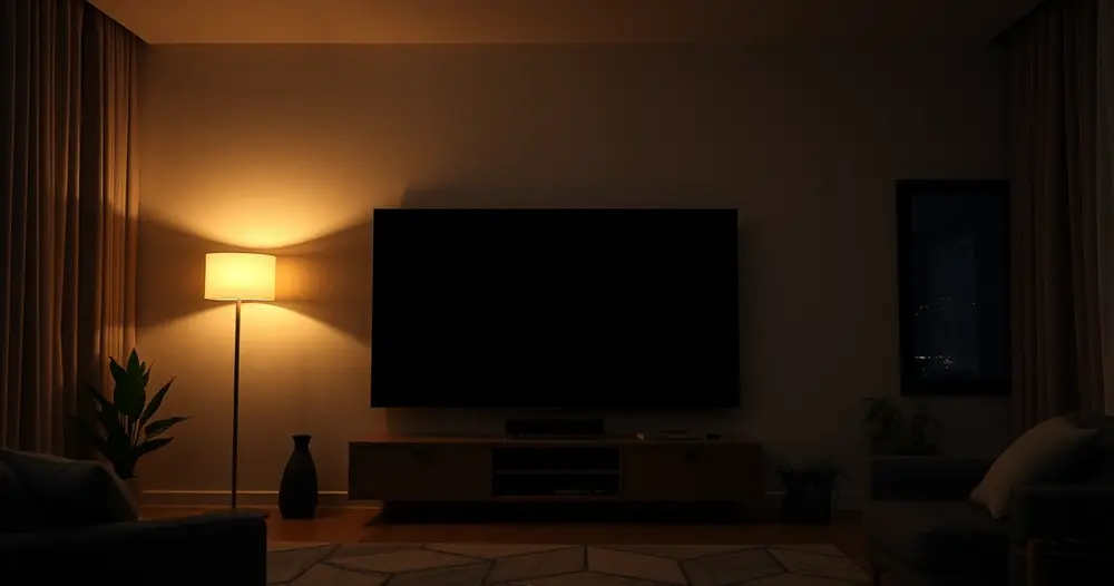 Sala de estar à noite com televisão desligada e luminária de chão acesa